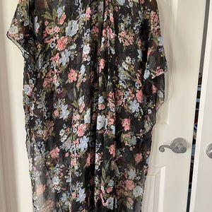 Woman's  Black Floral Kimono with Fringe Cape Shawl